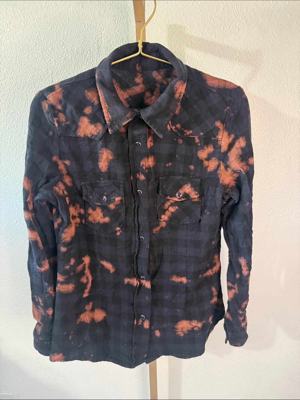 Bleached Black & Orange Plaid Button-Down Shirt - Women's medium